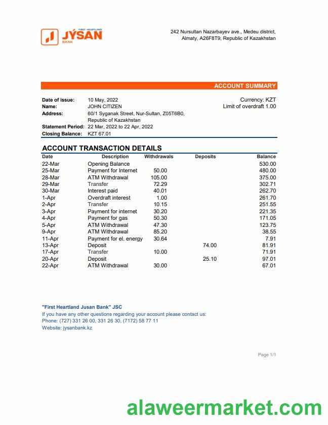 Kazakhstan First Heartland Jusan Bank statement xls